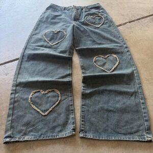 32x30 Blue Mud Wash Baggy Wide Leg Heart Patch Jeans Y2K Grunge 2000s Vintage